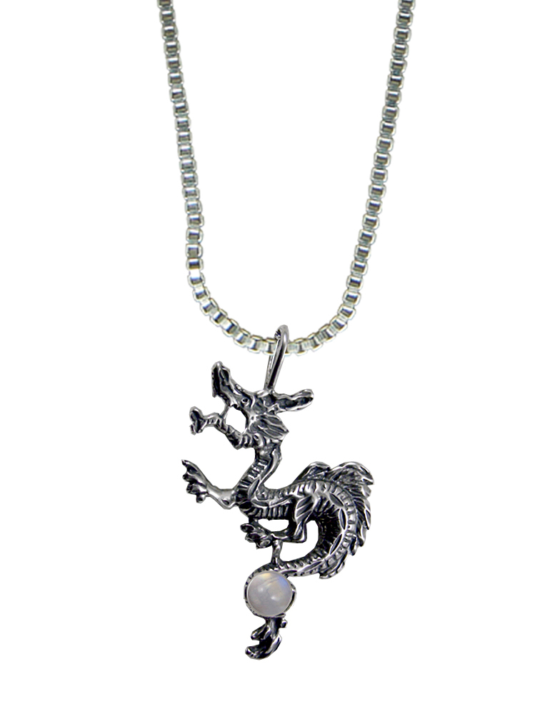 Sterling Silver Eastern Dragon Pendant With Rainbow Moonstone
